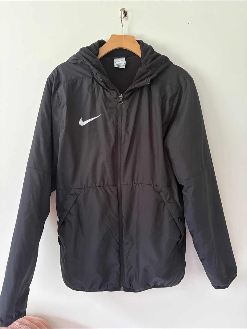 Nike Black Hooded Windbreaker with White Swoosh Size Medium